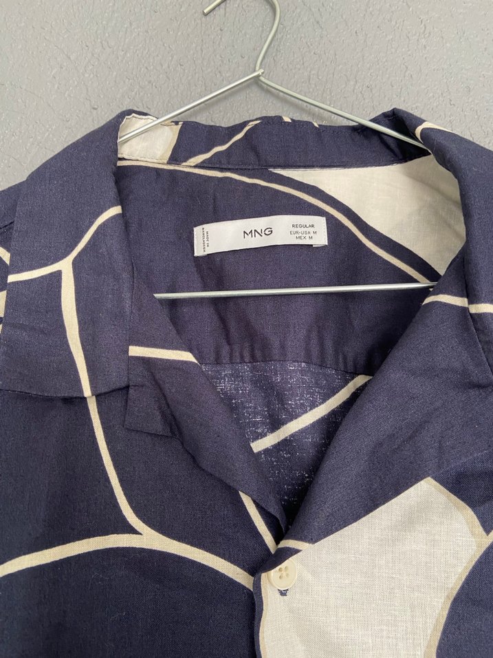 Lacivert Desenli Kısa Kollu Erkek Keten Gömlek - Görsel 2