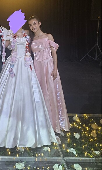 pembe prenses elbise korse drape detayli saten abiye