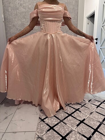 Diğer pembe prenses elbise korse drape detayli saten abiye