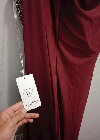Kadın Bordo Drapeli Uzun Abiye Elbise - Görsel 7