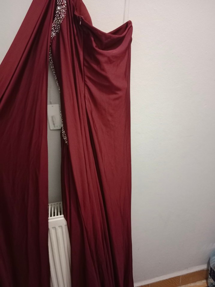 Kadın Bordo Drapeli Uzun Abiye Elbise - Görsel 4