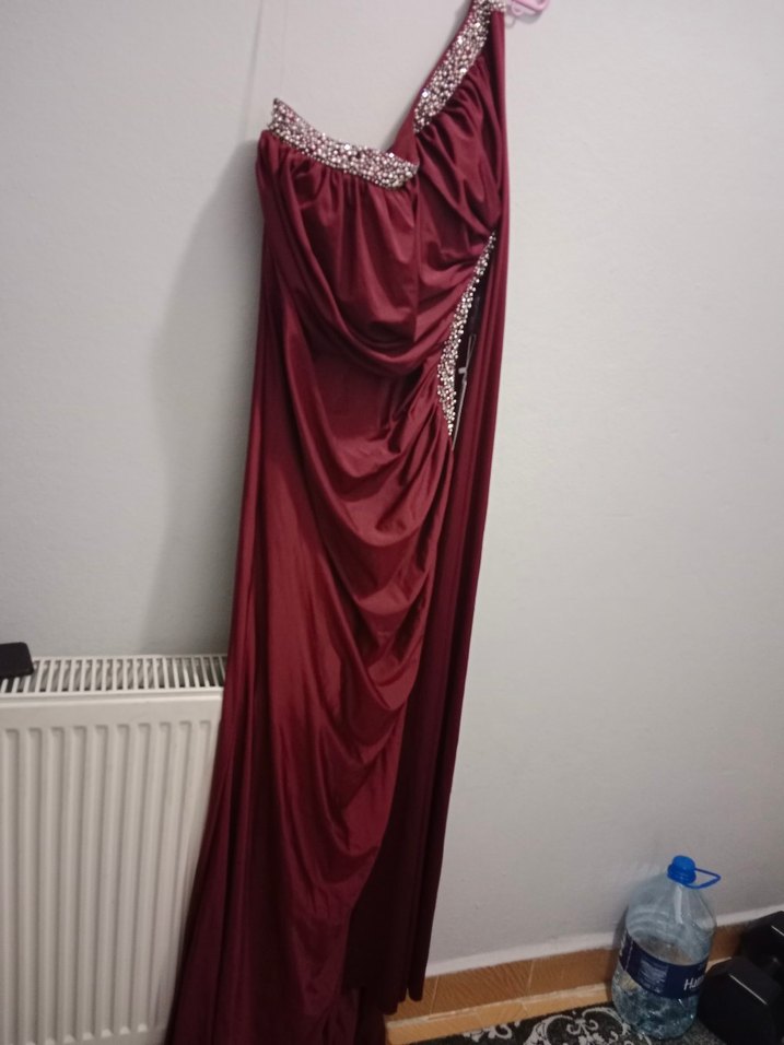 Kadın Bordo Drapeli Uzun Abiye Elbise - Görsel 5