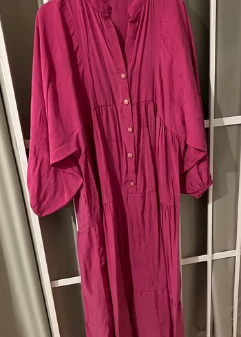 Düğmeli Uzun Keten Elbise - Bohem Stil - Görsel 2