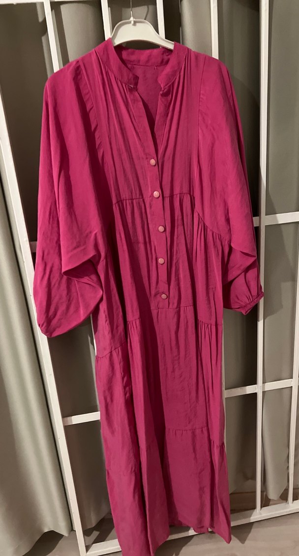 Düğmeli Uzun Keten Elbise - Bohem Stil - Görsel 2