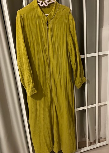 Uzun yağ yeşili Keten Ceket - Görsel 4