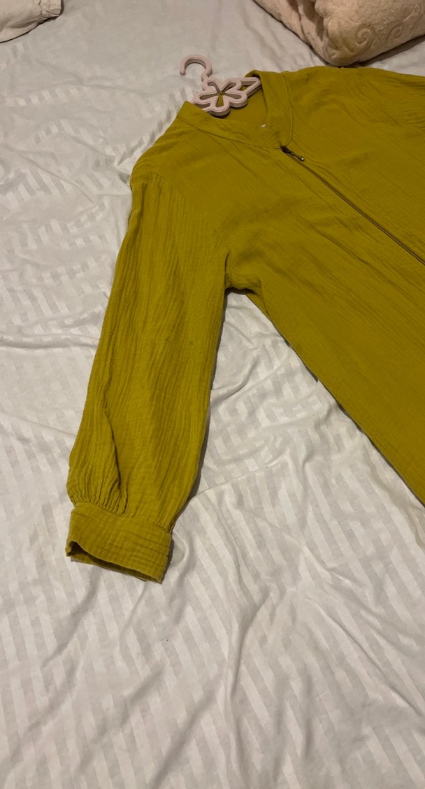 Uzun yağ yeşili Keten Ceket - Görsel 2