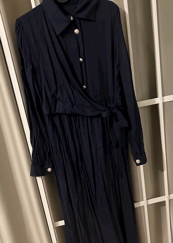 Uzun Kollu lacivert Halter Yaka Elbise - Görsel 3