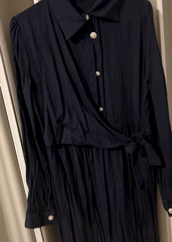 Uzun Kollu lacivert Halter Yaka Elbise - Görsel 4