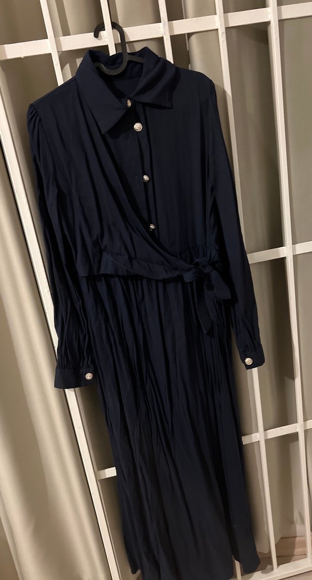 Uzun Kollu lacivert Halter Yaka Elbise - Görsel 3