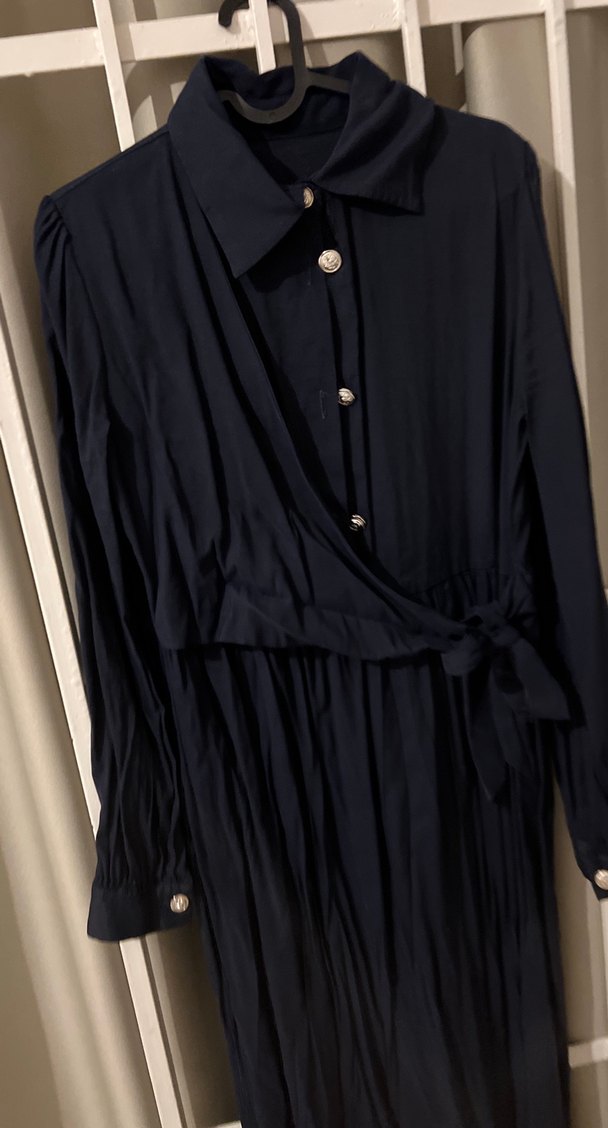 Uzun Kollu lacivert Halter Yaka Elbise - Görsel 4