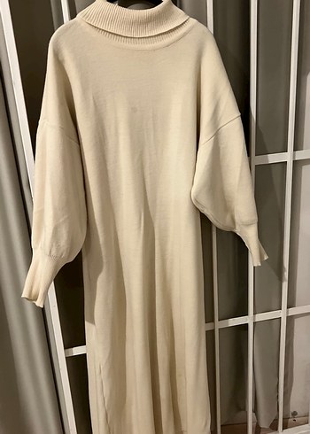 Bej Kadın Uzun Örgü Yün Elbise - Görsel 2