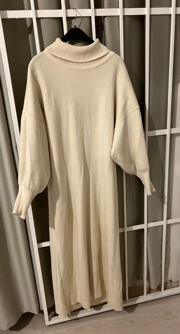 Bej Kadın Uzun Örgü Yün Elbise - Görsel 2