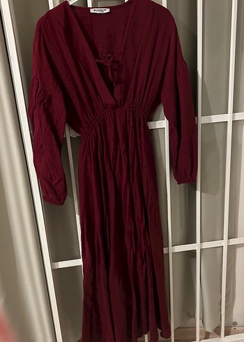 Bordo Uzun Bohem Keten Elbise - Görsel 2