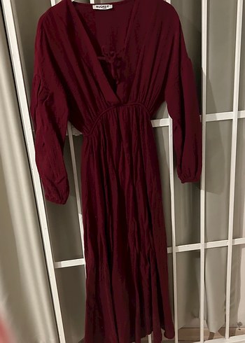 Bordo Uzun Bohem Keten Elbise - Görsel 3