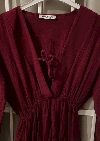 Bordo Uzun Bohem Keten Elbise - Görsel 4