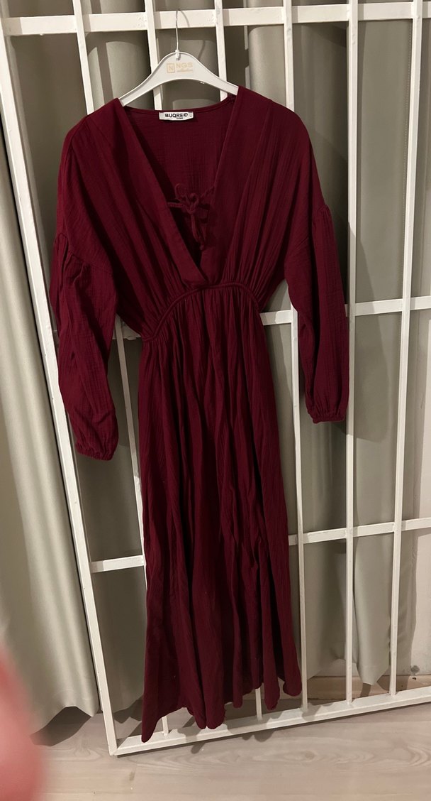 Bordo Uzun Bohem Keten Elbise - Görsel 2