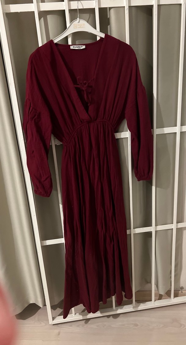 Bordo Uzun Bohem Keten Elbise - Görsel 3