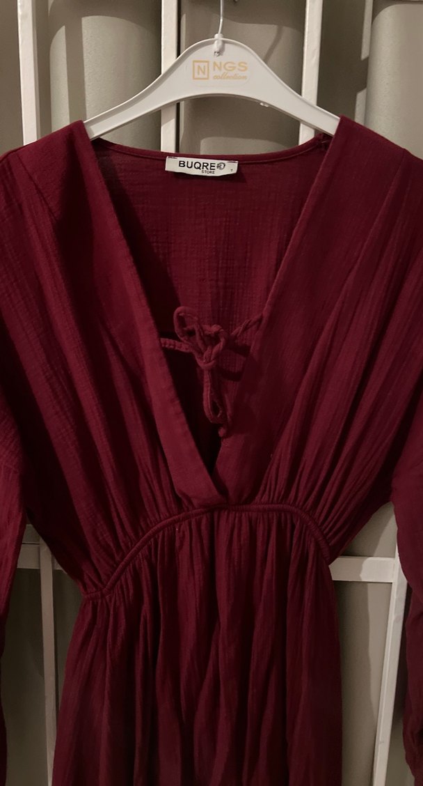 Bordo Uzun Bohem Keten Elbise - Görsel 4