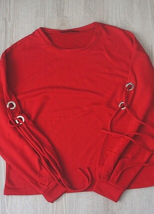 xl Beden ? karol kırmızı kol detaylı sweatshirt ? vena su yeşili etek