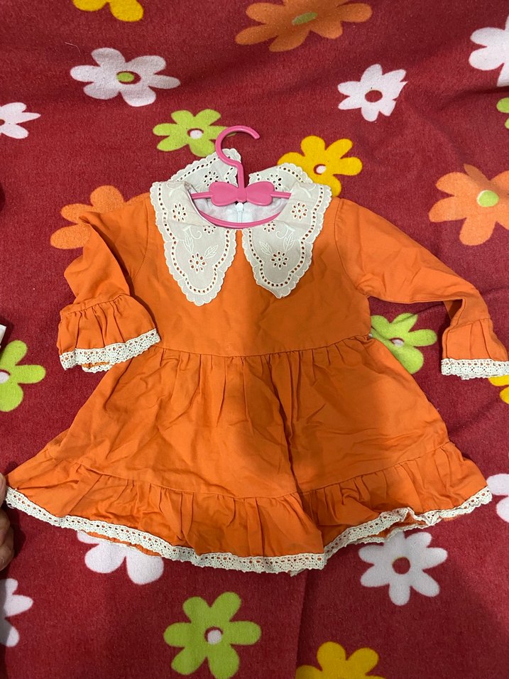 Turuncu Fırfırlı Uzun Kollu Kız Çocuk Elbise - Görsel 2