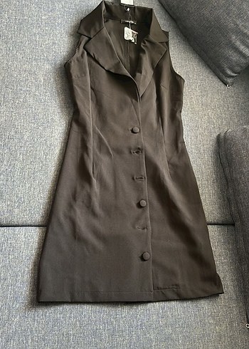 Düğmeli Siyah Midi Kadın Yelek elbise - Görsel 3