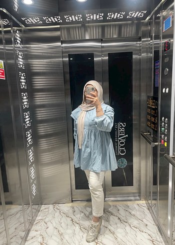 Mavi Batik Desenli Uzun Kollu Denim Tunik - Görsel 2