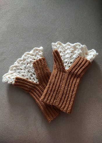 Dantel Detaylı Bej Bohem Örgü Eldiven - Görsel 3