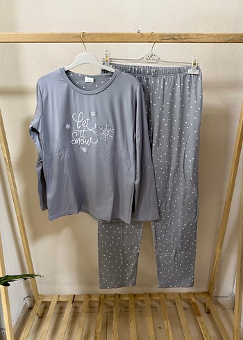 s Beden Gri Uzun Kollu Mini Rahat Pijama Takımı