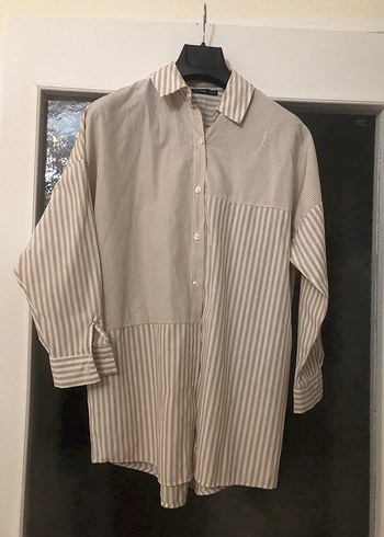 Bej Çizgili Uzun Kollu Kadın Gömlek - Görsel 5