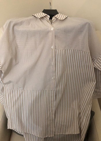 Bej Çizgili Uzun Kollu Kadın Gömlek - Görsel 6