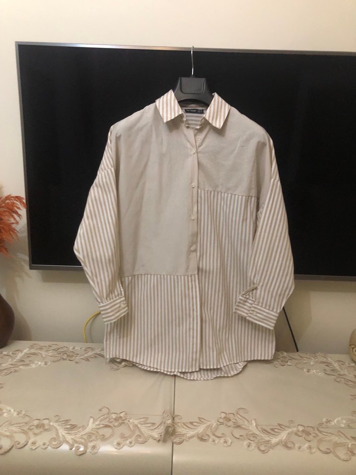 Bej Çizgili Uzun Kollu Kadın Gömlek - Görsel 2