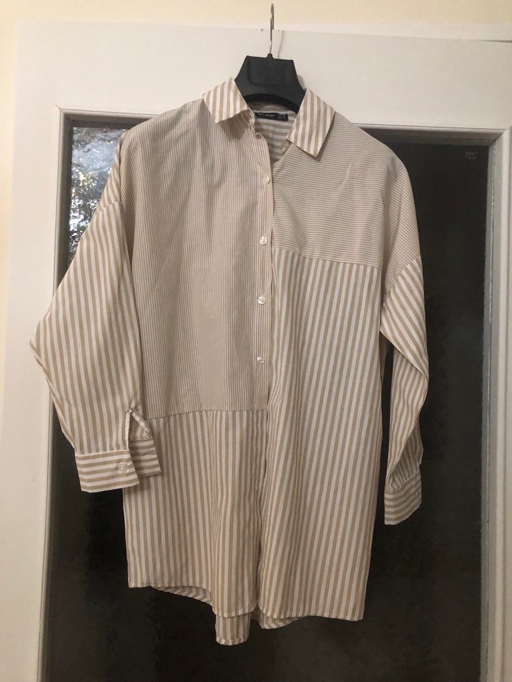 Bej Çizgili Uzun Kollu Kadın Gömlek - Görsel 5