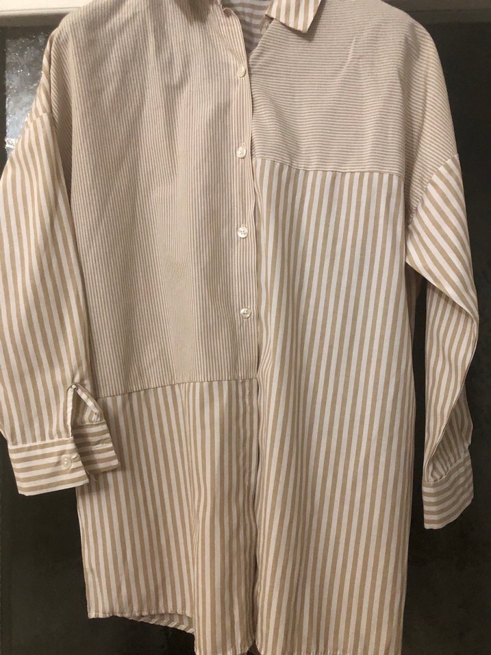 Bej Çizgili Uzun Kollu Kadın Gömlek - Görsel 4