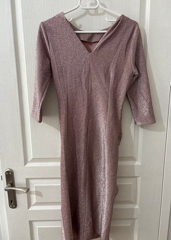 Pembe Drapeli Parlak Uzun Abiye Elbise - Görsel 2