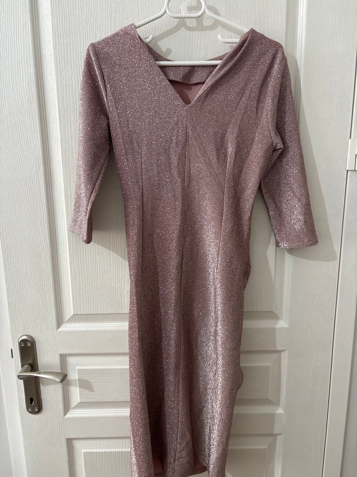 Pembe Drapeli Parlak Uzun Abiye Elbise - Görsel 2