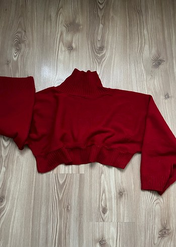 Kadın Kırmızı Boğazlı Kısa Triko Kazak - Görsel 3