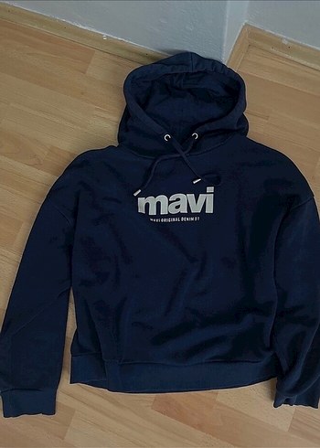 Mavi Kapüşonlu Uzun Kollu Sweatshirt