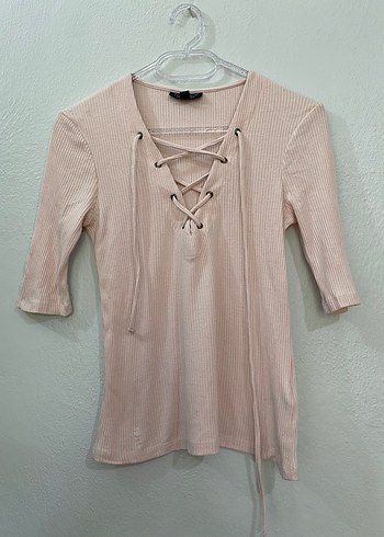 Bej V Yaka Bağcıklı Kadın Bluz - Görsel 2