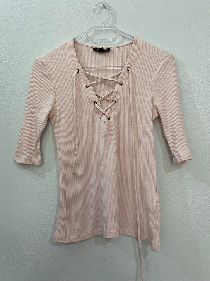 Bej V Yaka Bağcıklı Kadın Bluz - Görsel 2