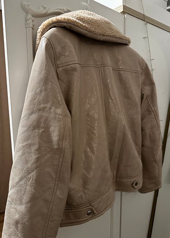 H&M Peluş Detaylı Bej Deri Kadın Ceket