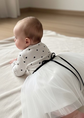 Uzun Kollu Beyaz Kız Elbisesi Siyah Kalp Desenli - Görsel 2