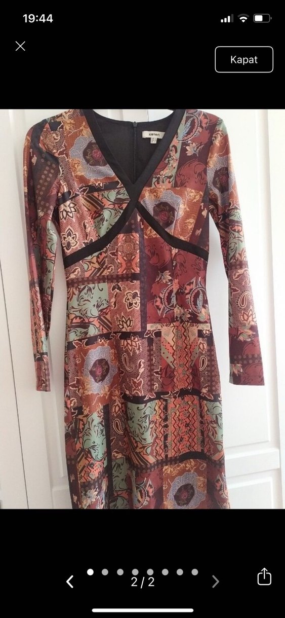 Uzun Kollu, V Yakalı Kahverengi Desenli Triko Elbise - Görsel 2