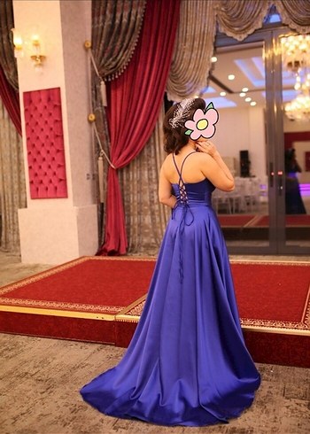 Mavi Drapeli V Yaka Uzun Abiye Elbise - Görsel 3