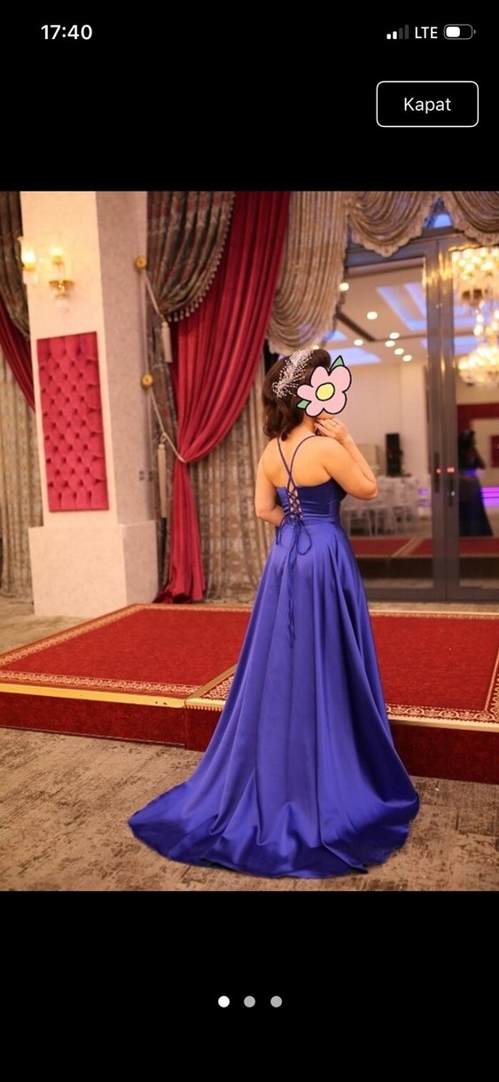 Mavi Drapeli V Yaka Uzun Abiye Elbise - Görsel 3