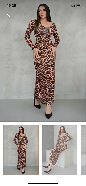 Leopar desenli uzun elbise