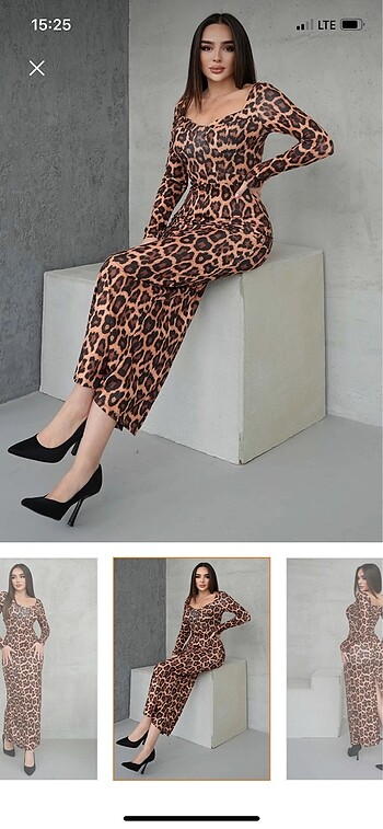 s Beden Leopar desenli uzun elbise