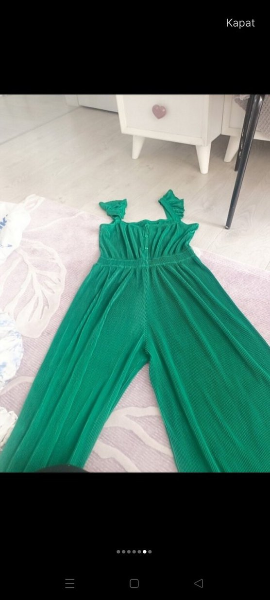 Kadın Yeşil Uzun Pilili Bohem Tulum - Görsel 3