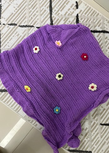 Renkli Nakışlı Mor Örgü Kız Panço - Görsel 2