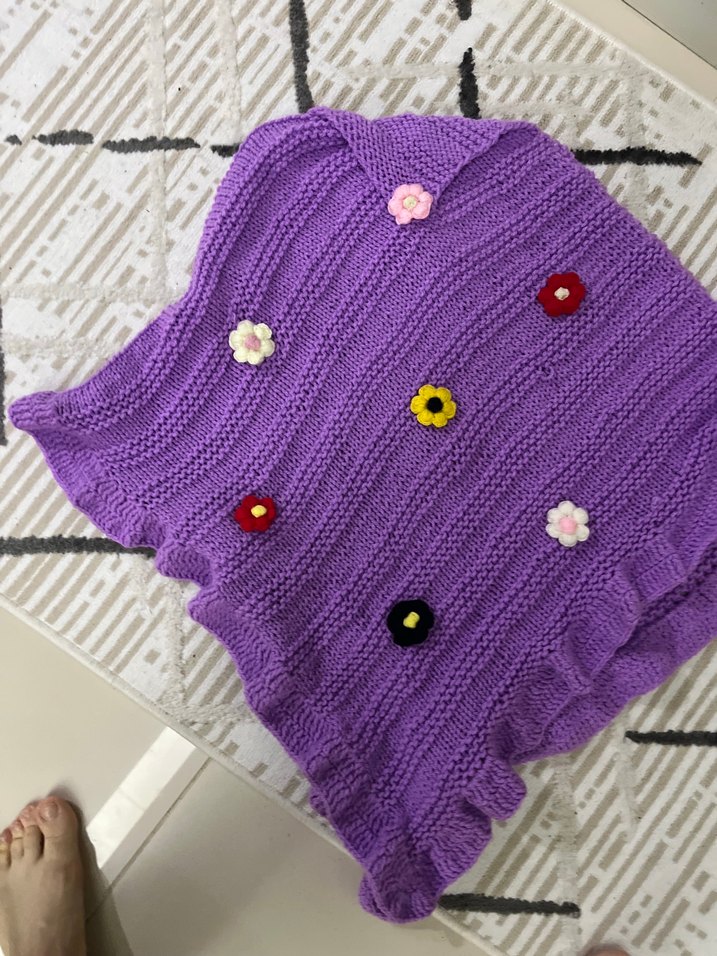 Renkli Nakışlı Mor Örgü Kız Panço - Görsel 3