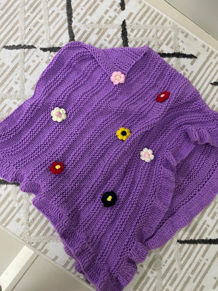 Renkli Nakışlı Mor Örgü Kız Panço - Görsel 4